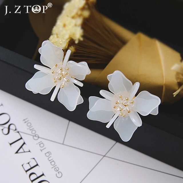 Women Jewelry Crystal White Camellia Flower Stud Earrings Fashion Personality Acrylic Petals Stereoscopic Big Oorbellen | Украшения и