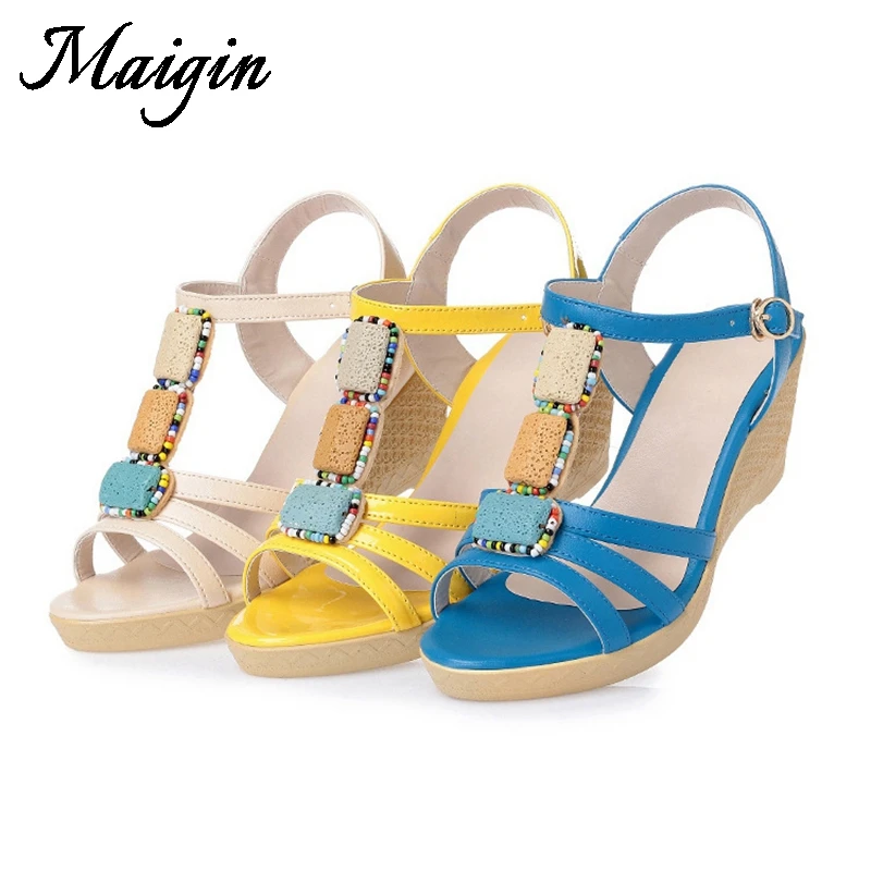 Maigin из натуральной кожи Boho сандалии 2018 Новая летняя обувь на танкетке для Для