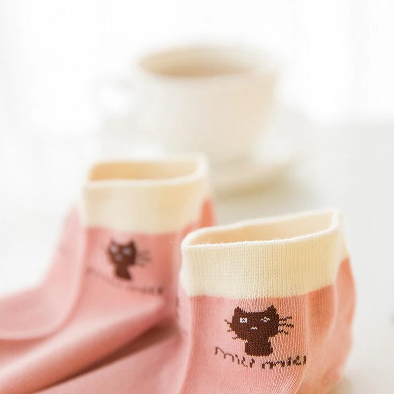 Женские хлопковые короткие носки однотонные с котом весна лето 2017|women short socks|socks