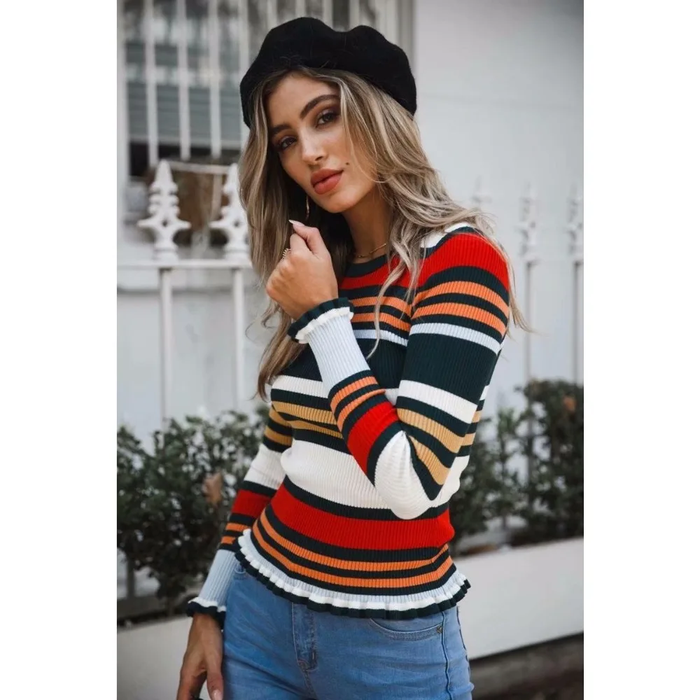 Kenancy Women Pullovers Color Tight Stripe Ruffle Woollen Sweater Long Sleeve O-Neck Knitted Female Autumn Jumper | Женская одежда