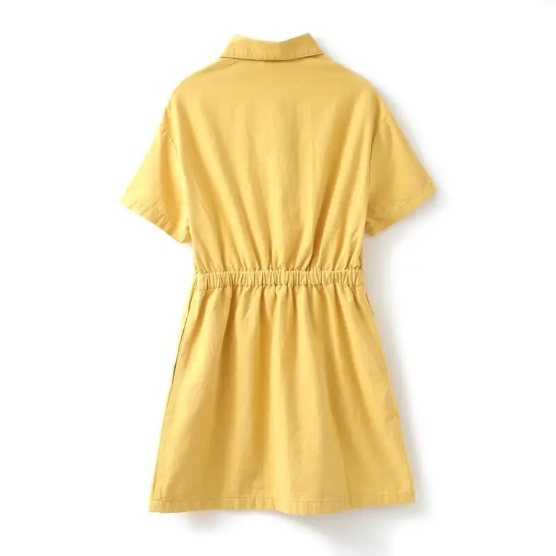 Женское повседневное желтое мини-платье-рубашка на шнурке с галстуком-бабочкой и
