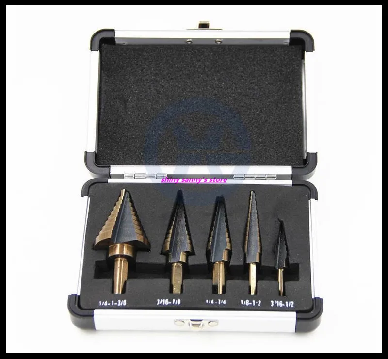 

5pcs/set Aluminum Box Inch Baked Yellow Hair Black Triangle Handle High Speed Steel Step Drills Bit Cut Tool Set Hole Cutter