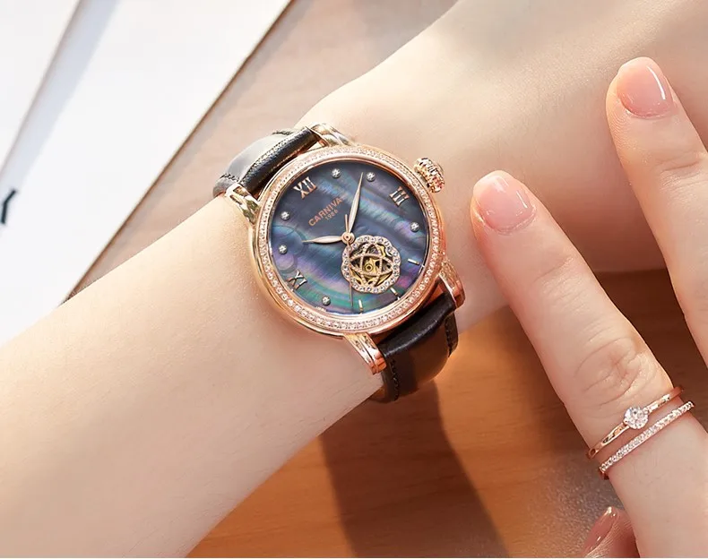 Модные женские наручные часы Tourbillon автоматические часы женские карнавальные механические часы MIYOTA кожаный ремешок светящийся Relogio femenino