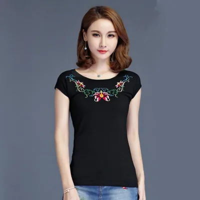 Летний топ, футболка, Camisa Feminina, футболка с вышивкой размера плюс, короткий топ, топы с длинными рукавами, Винтажная футболка, женская футболка Harajuku - Цвет: Black 9999