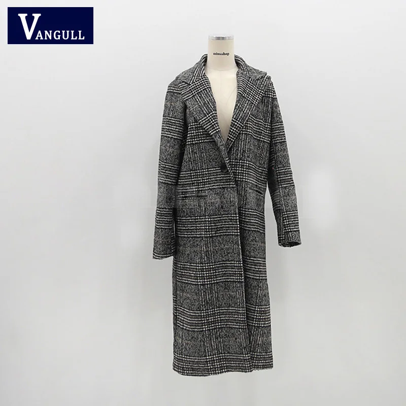 Темно-серый Vangull, весенне-осеннее женское Шерстяное клетчатое пальто, новое модное длинное шерстяное пальто, облегающее Женское зимнее шерстяное пальто, женская верхняя одежда - Цвет: Темно-серый