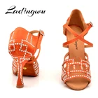 Ladingwuтуфли для латинских танцев; женские блестящие танцевальные туфли со стразами; цвет красный, коричневый; сатиновый бальный танец; обувь с мягкой подошвой