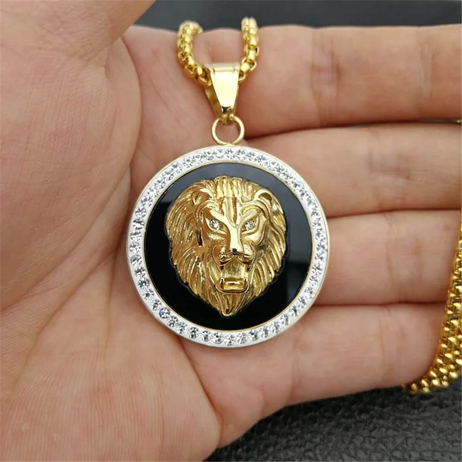 

Hip Hop Charm Iced Out Bling Golden Lion Head Pendants Necklaces Male Gold Color Stainless Steel Chain Rock Jewelry Gift For Men