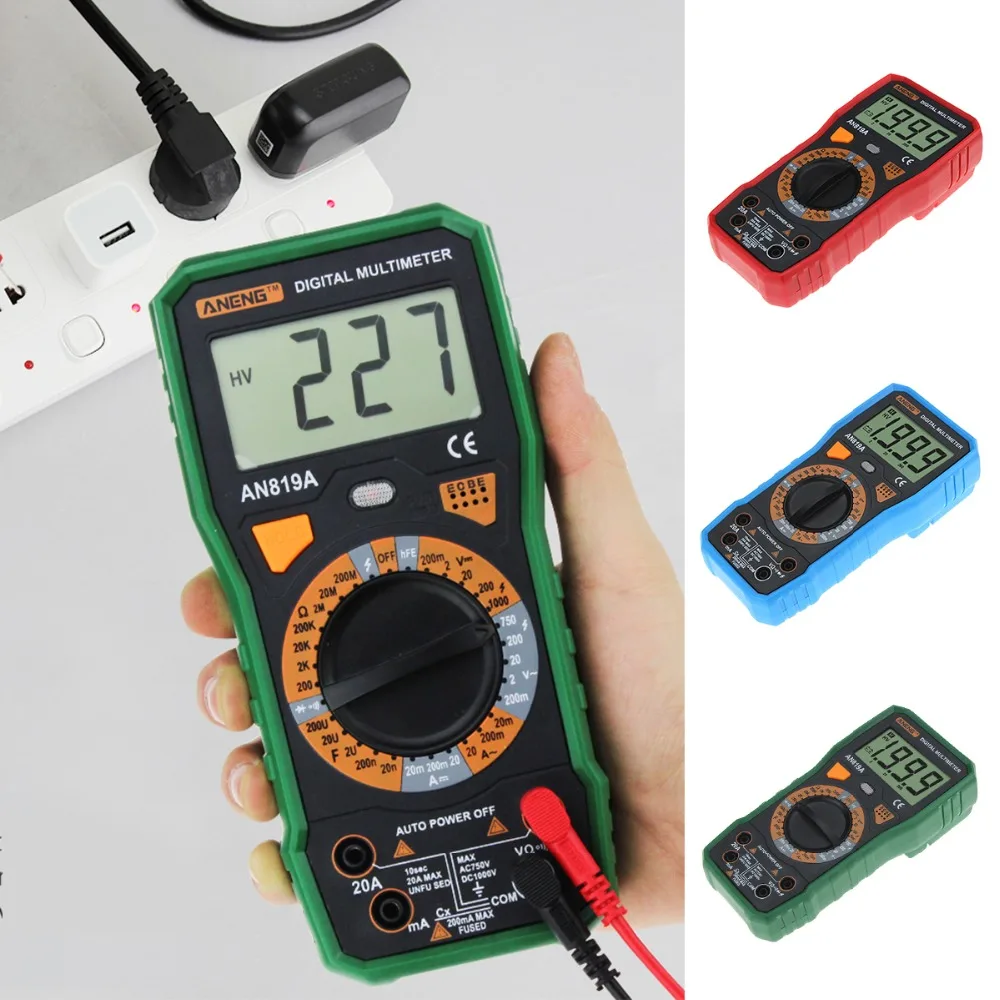

AN819A Digital Multimeter 999 Counts Backlight LCD AC/DC Voltage Current Tester Meter Portable Ammeter with Crocodile Clips Tool
