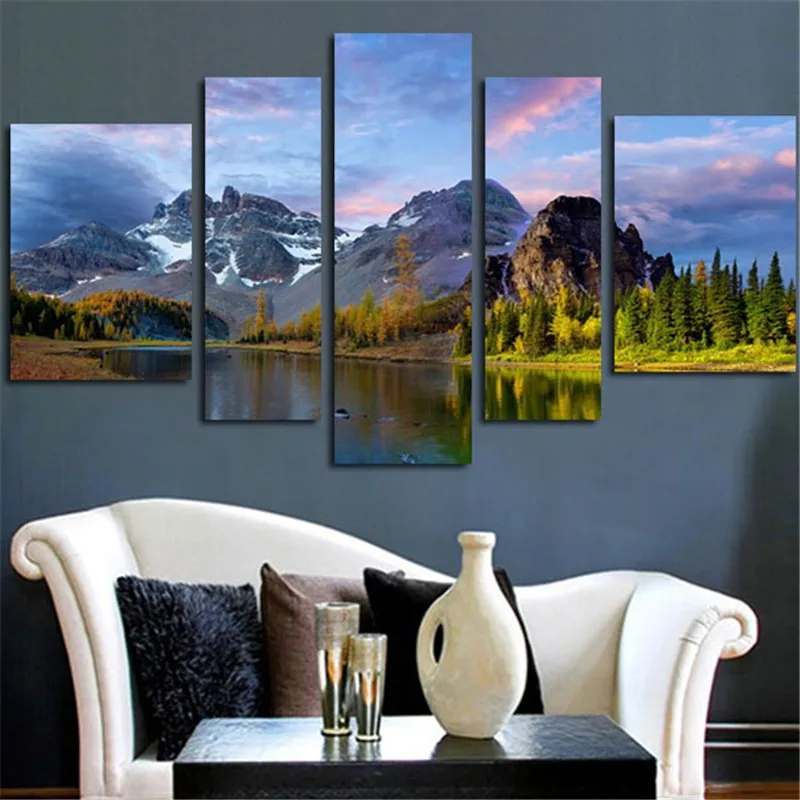 5 шт. тропический Wall Art холст картины маслом реки и горы пейзаж Модульная картина