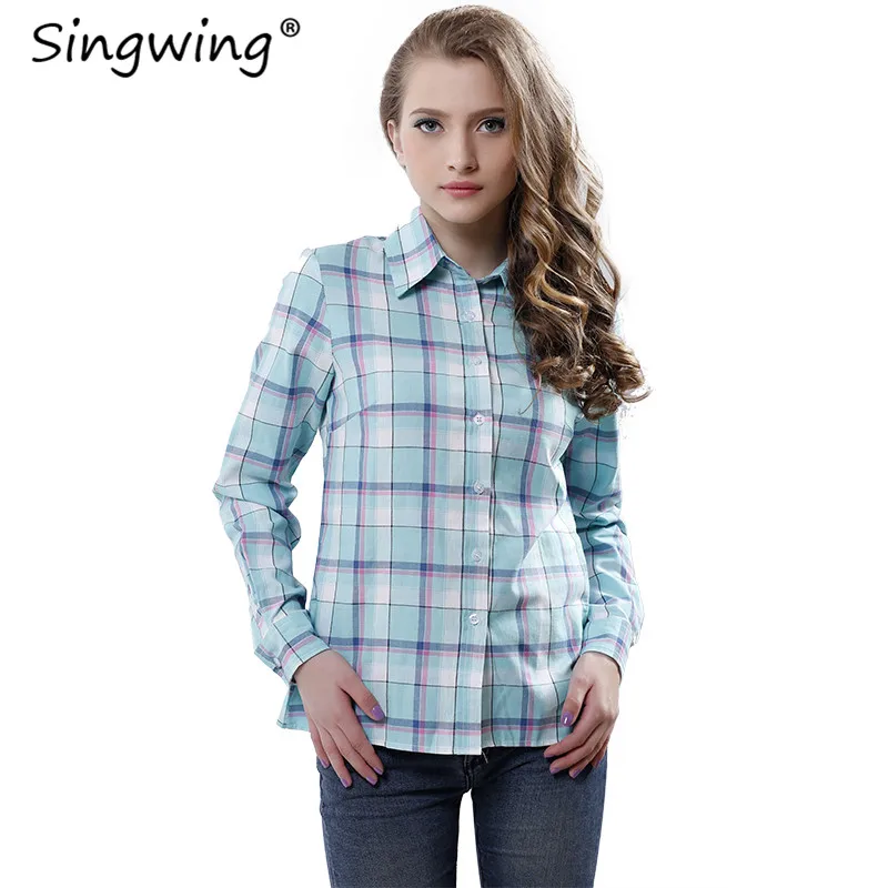 Женская Осенняя клетчатая блузка Singwing Повседневная рубашка из 100% хлопка с