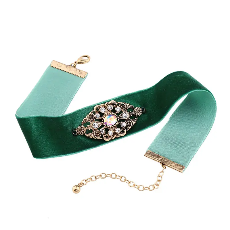 Стразы каменный цветочный кулон панк готика зеленая бархатная лента крупный