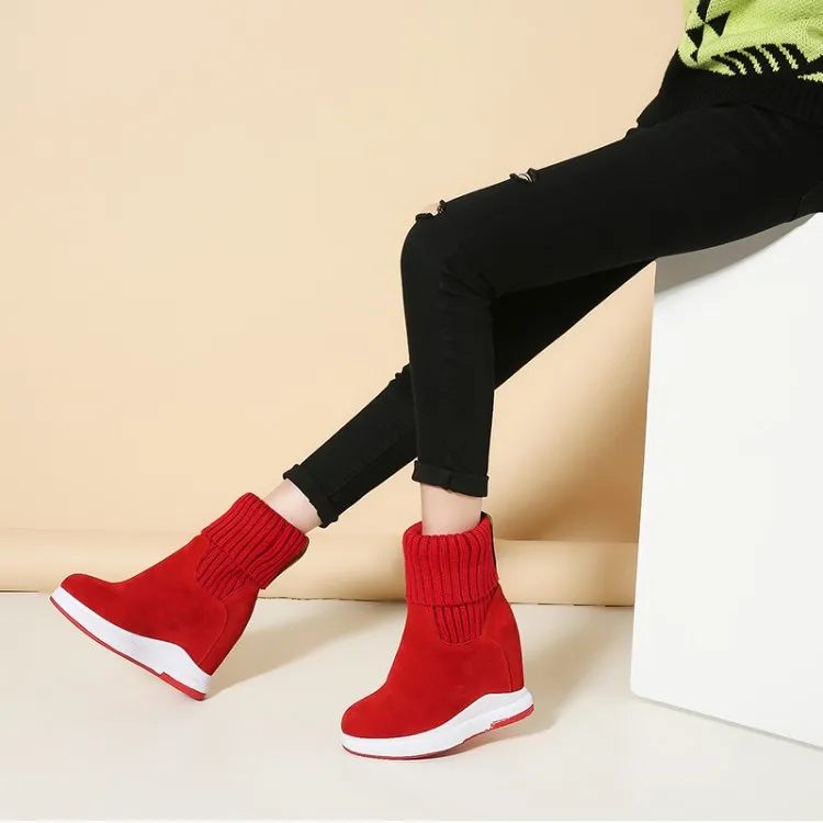 MLJUESE 2019 женские сапоги до середины икры из коровьей замши вязаные шерстяные