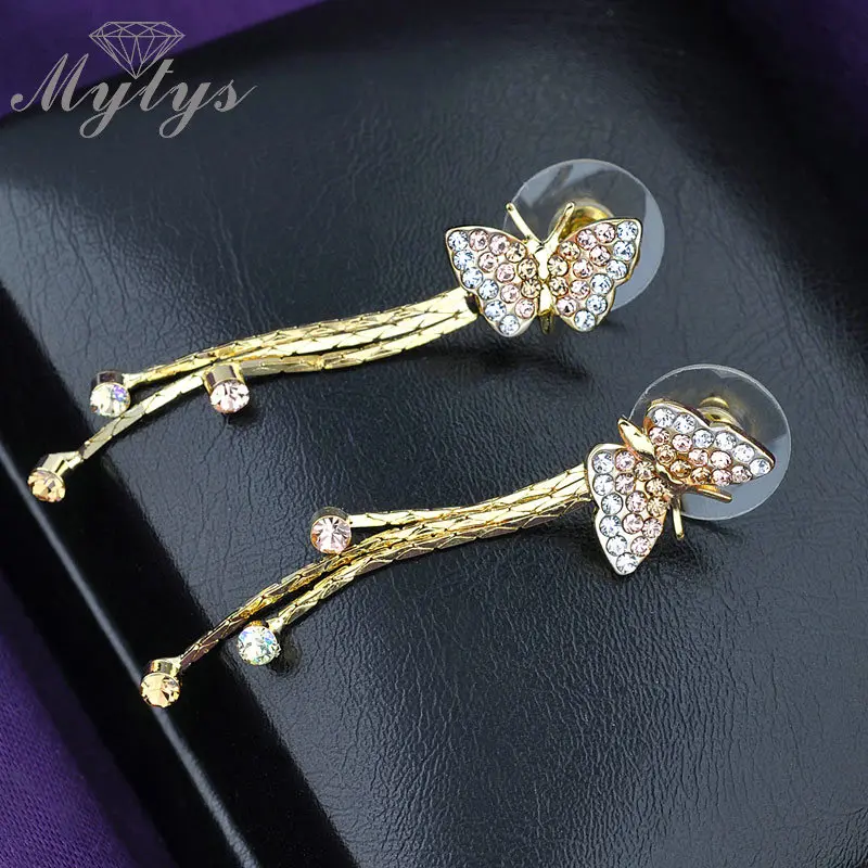 Mytys 2017 модные длинные висячие серьги в форме бабочки с кристаллами для женщин