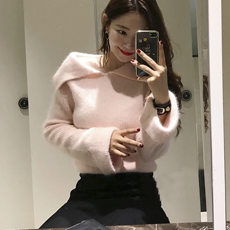 New 2018 Autumn Winter Women Mink Cashmere Sweater Fashion Yellow Knitting Flare Sleeve Ladies Casual Loose Warm Soft Pullovers | Женская