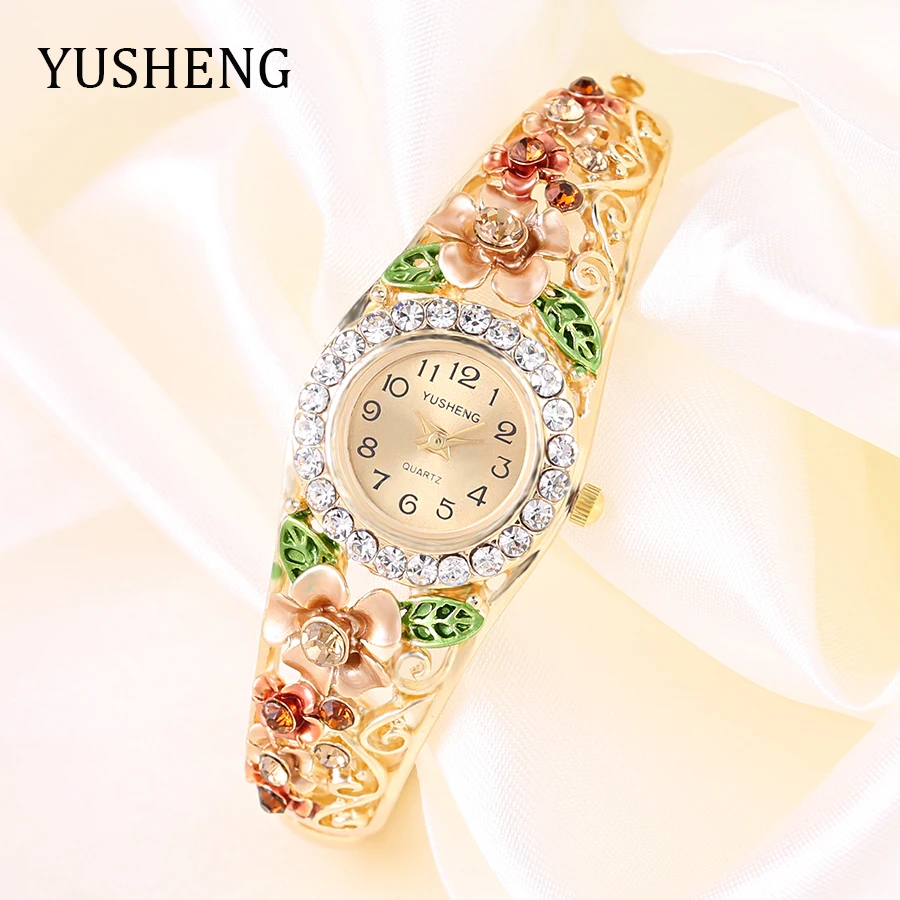 

YUSHENG 2017 18K Gold Luxury Women Watch Colorful Abstract Enamel Paint Crystal Rhinestone Bangle Wristwatches Bracelet Watch