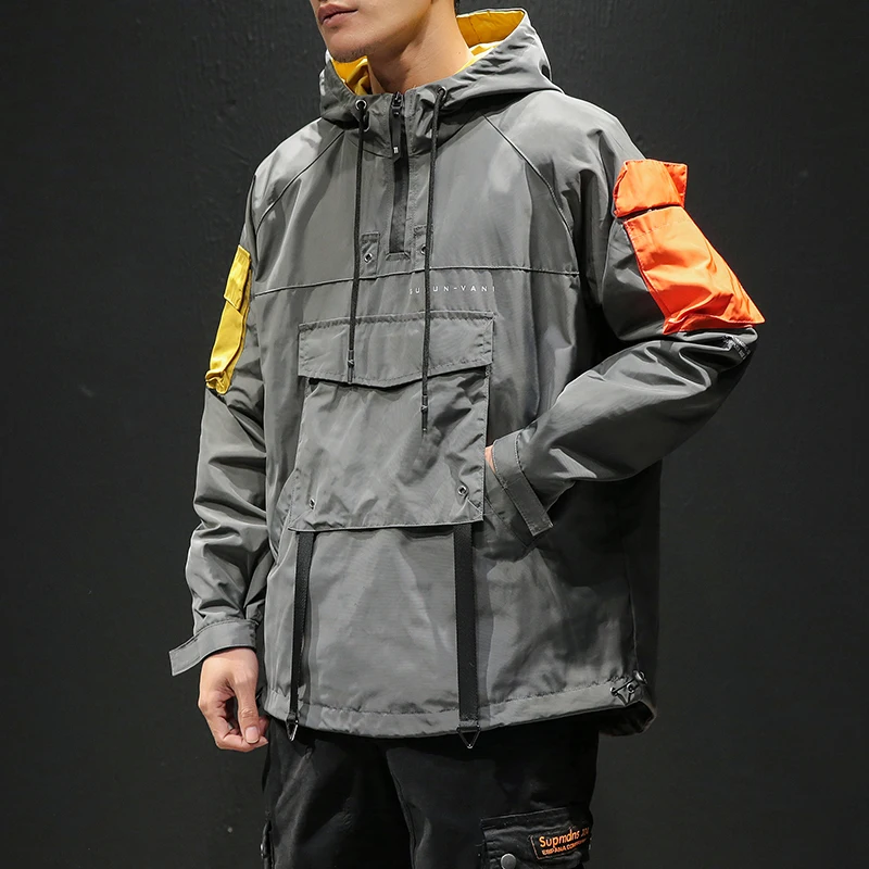 Hip Hop Spring Jackets Men Windbreaker Patchwork Autumn Loose Casual Hooded Jacket Male Coats Zipper Tracksuit Streetwear