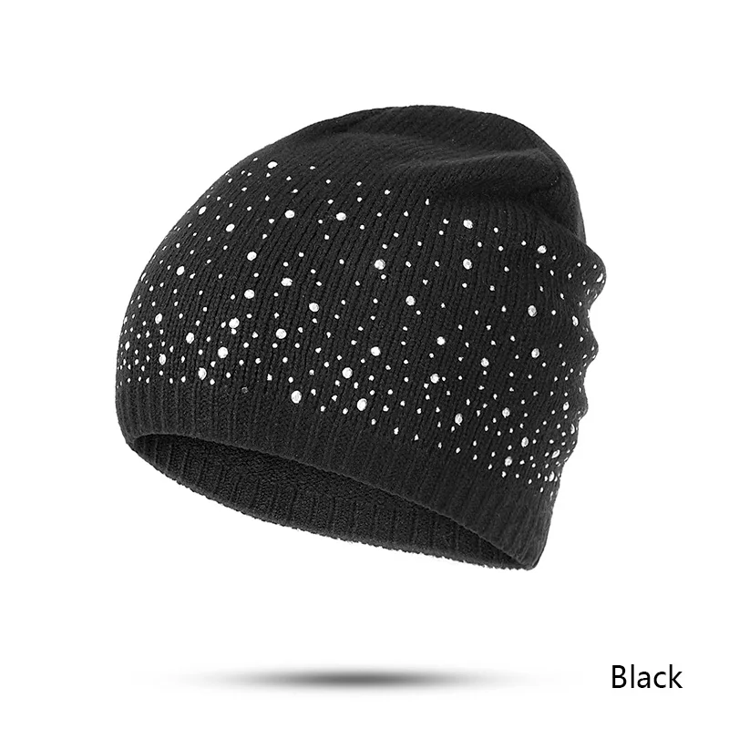 black CANCHANGE новая зимняя Шапки Для женщин Хлопок шапочки Skullies однотонные Лидер продаж вязаный Для женщин зимние шапки с Стразы - Цвет: black