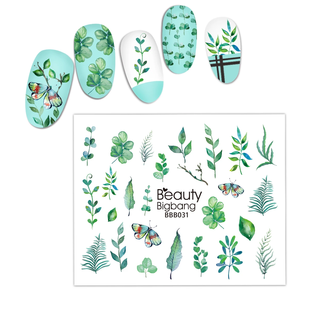 Наклейки для ногтей BeautyBigBang переводки с изображением бабочек и листьев Водные