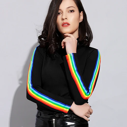 Black Tataria RainbowTurtleneck женские футболки женские весна с длинным рукавом футболка в полоску уличная Женская мода короткая футболка - Цвет: Black