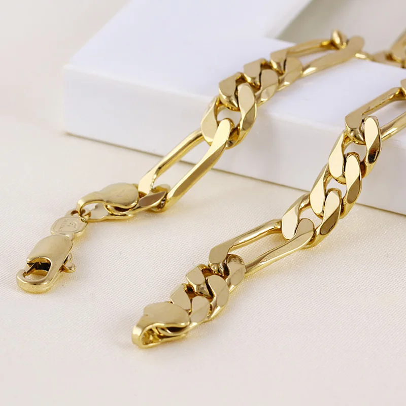

Mens 24 k Solid Gold FINISH 8mm Italian Figaro Link Chain Necklace 24 Inches