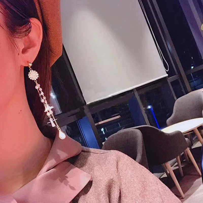 MENGJIQIAO 2019 New Korean Crystal Flower Tassel Long Drop Earrings For Women Girls Cute Pearl Geometric Dangle Pendientes Gifts | Украшения