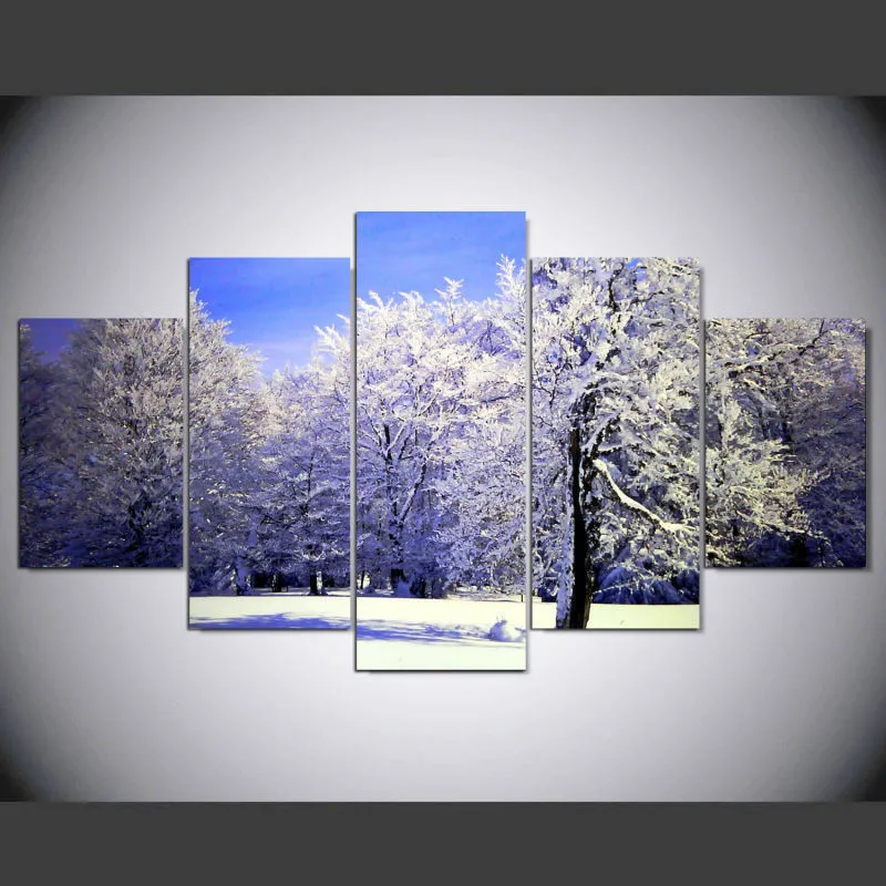 

YRHCD Frameless Canvas Painting 5 Panels Snow Forest Landscape Wall Decal For Living Room Decor Home Wall Art Ornament Posters