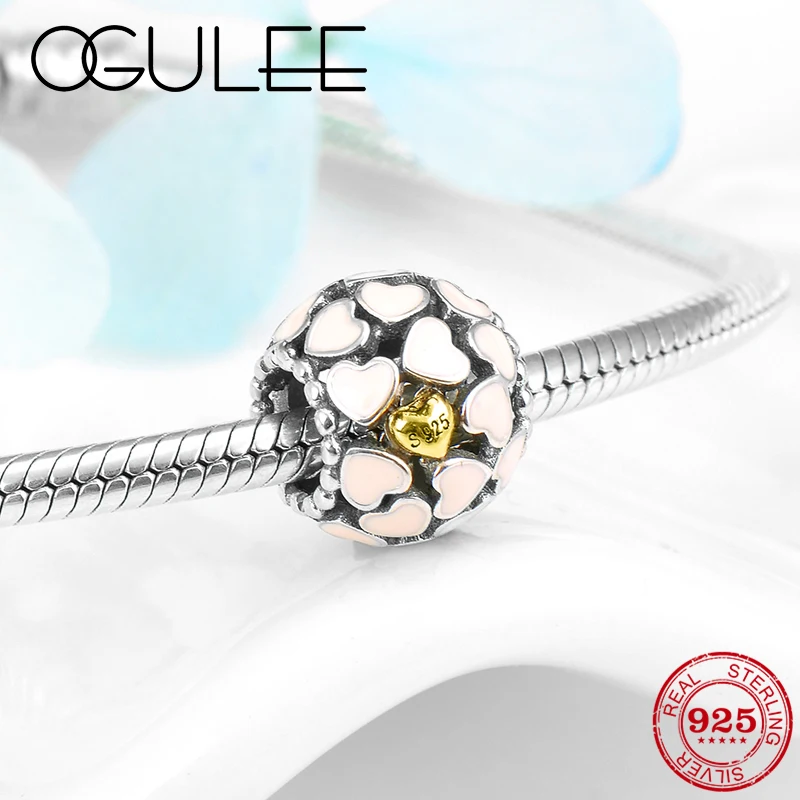 Новая 925 пробы Серебряная круглой формы розовое эмалированное сердце тонкие DIY