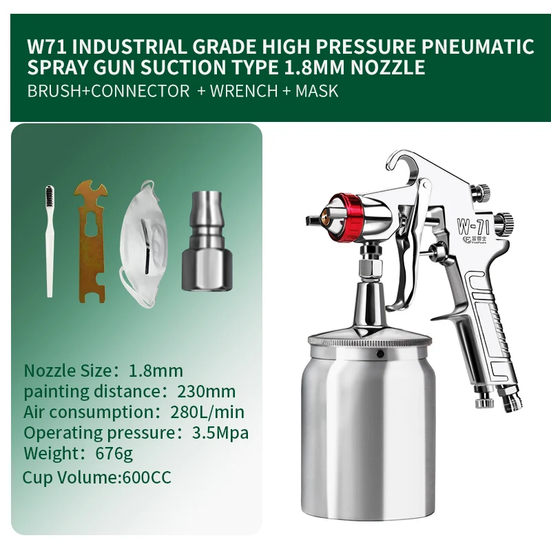 W71 Suction 1.8mm W71/W77 Профессиональный Краски пистолет-распылитель 1,3/1,5/1,8/2,0/2,5/3,0 мм Краски ing пистолет из искусственной кожи и искусственной кожи автомобилей на основе Воздушный пистолет-распылитель - Цвет: W71 Suction 1.8mm