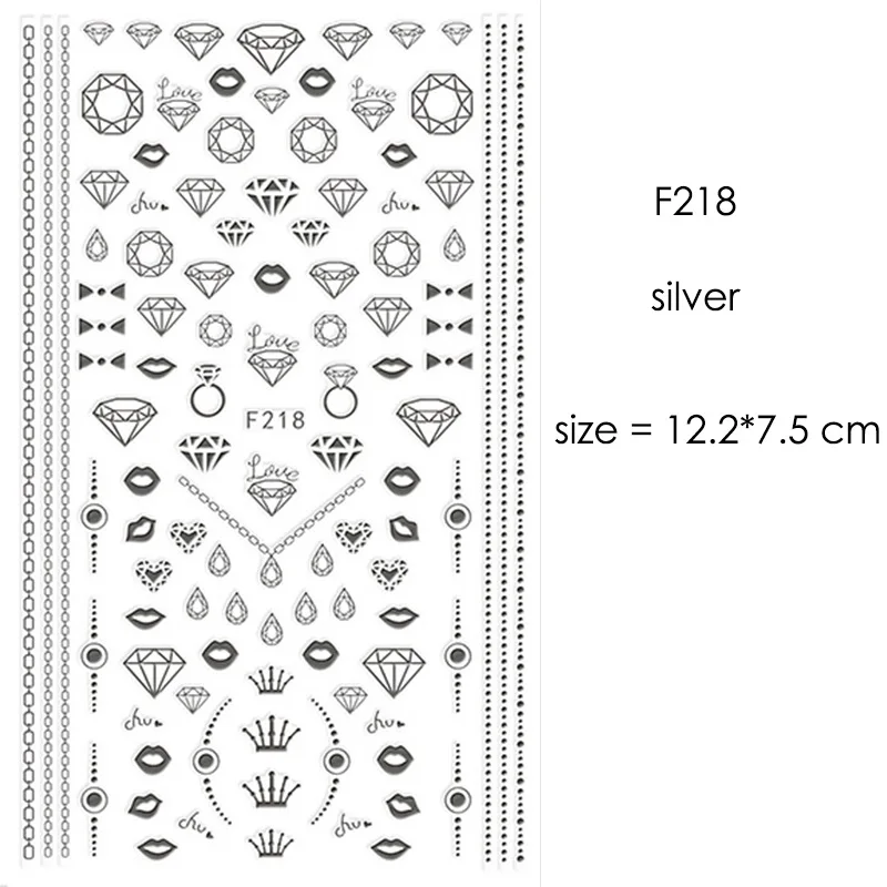 F218 Silver F212-F218 наклейки для ногтей серии s F 12*7,5 см белый черный золотой серебряный узор самоклеющиеся наклейки для украшения ногтей - Цвет: F218 Silver