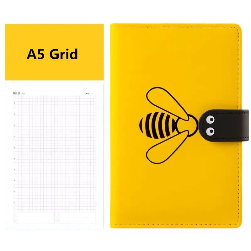 A5 Grid Yellow A5 A6, записная книжка из искусственной кожи Kawaii, креативный бизнес-блокнот с Пчелой и журналами, сетчатая линия, пустой дневник, еженедельный ежемесячный блокнот ежедневник - Цвет: A5 Grid Yellow