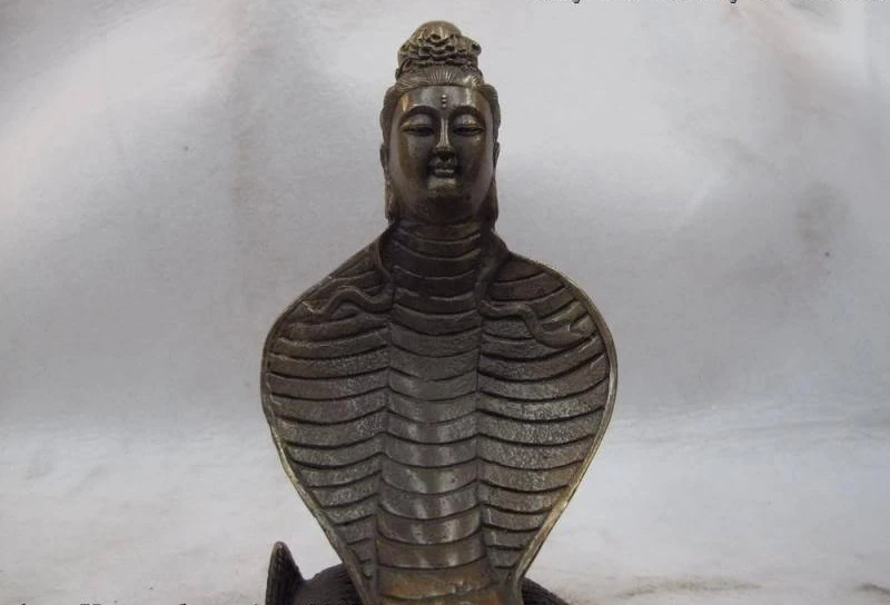 8 Китайский буддизм Kwan Yin Голова змея медный Будда Бронзовый Guanyin Бог