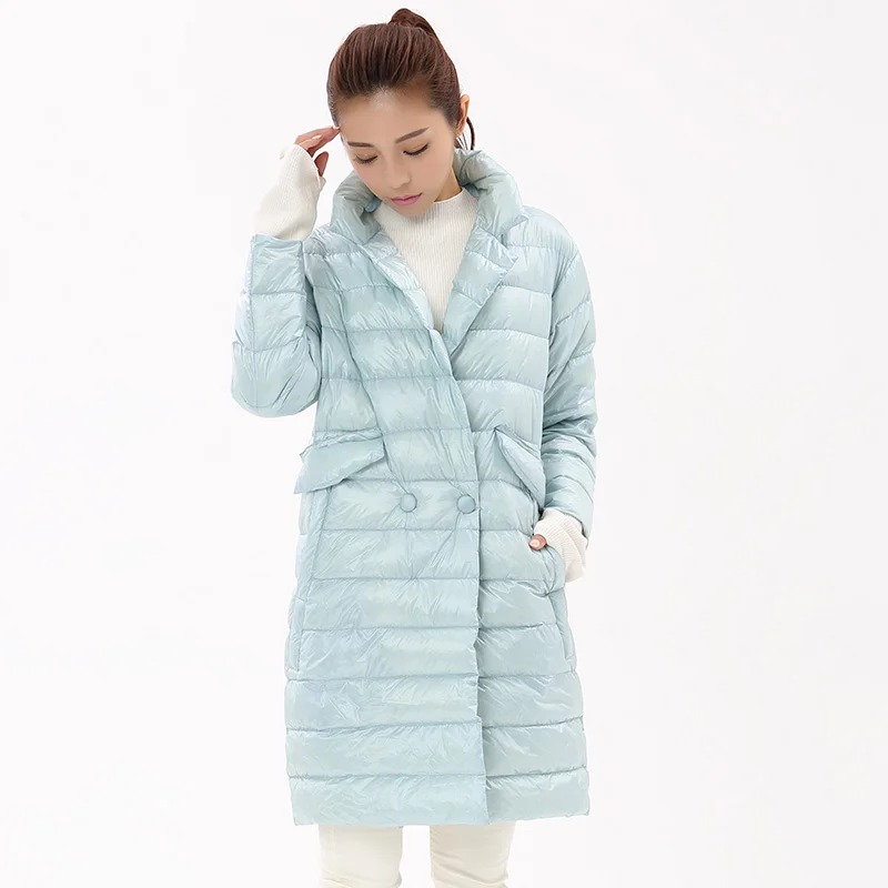 light blue Осенне-зимняя женская куртка, тонкая куртка на 90% белом утином пуху, ультра-светильник, пуховик, длинная верхняя одежда, женская теплая парка, брендовая одежда - Цвет: light blue