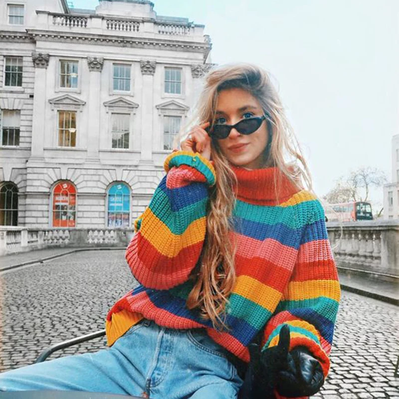 Rainbow Turtleneck Sweaters 2018 Winter Women Jumpers Knitted Clothes Female Fashion Striped Oversized Pullover | Женская одежда
