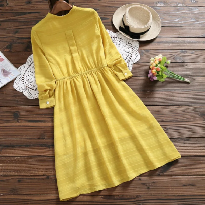 Демисезонный Mori Girl Для женщин одноцветное платье Стенд воротник Желтый Vestidos Feminino