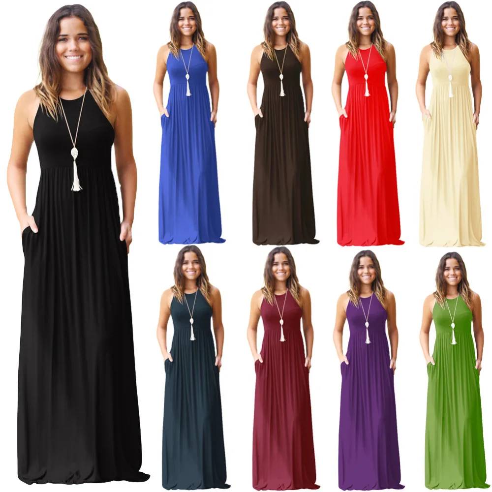 Женское длинное летнее платье однотонное макси с круглым вырезом без рукавов