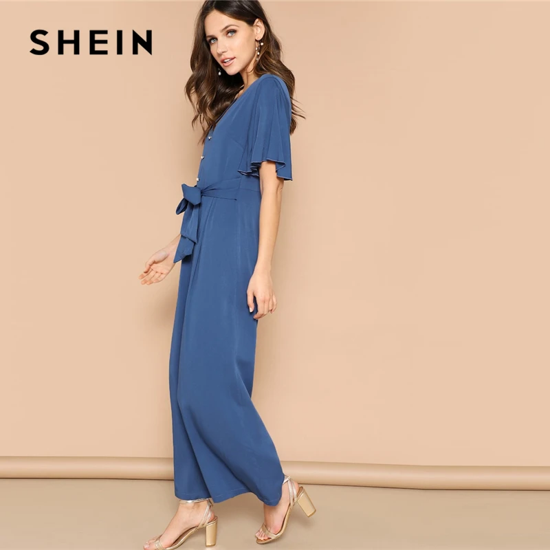 SHEIN Широкий Комбинезон С Оригинальным Рукавом И Поясом Повседневный Комбинезон С Воланами