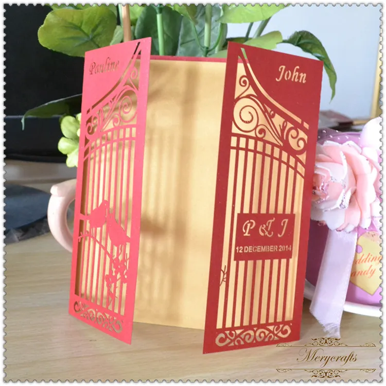 

Personalized love birds laser cut wedding invitation card in gold