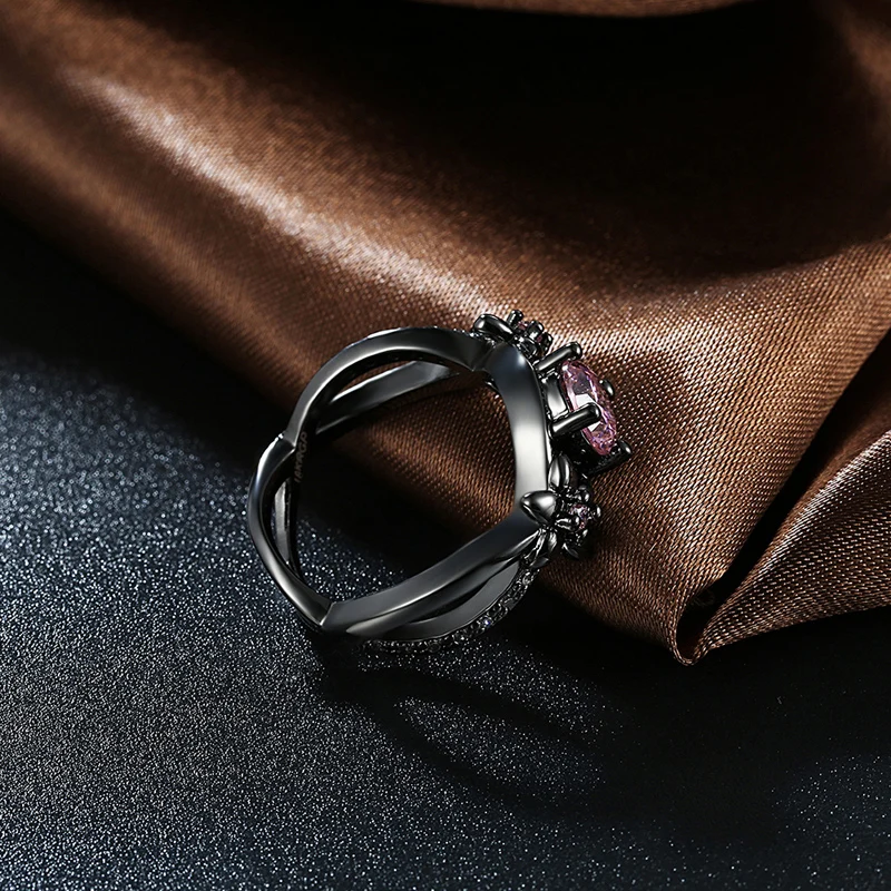 Original Hollow Out Flower Shape Black Gold Color Women Rings Fashion Party Jewelry Accessory Pink CZ Crystal | Украшения и