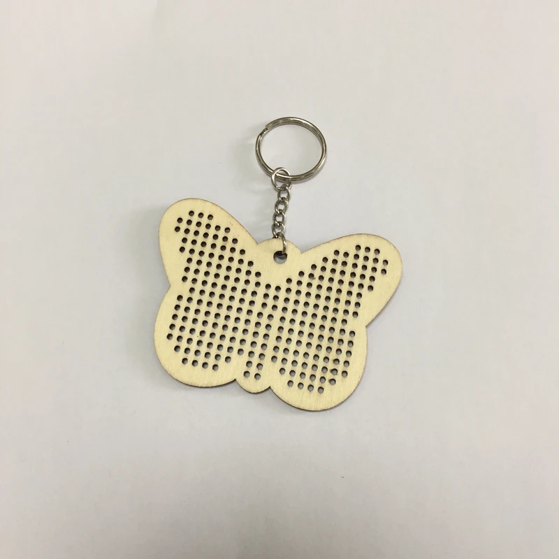 

20pcs laser cut wood animals butterfly shape Porous wood blank stitching on wood cross stitch wood keychain