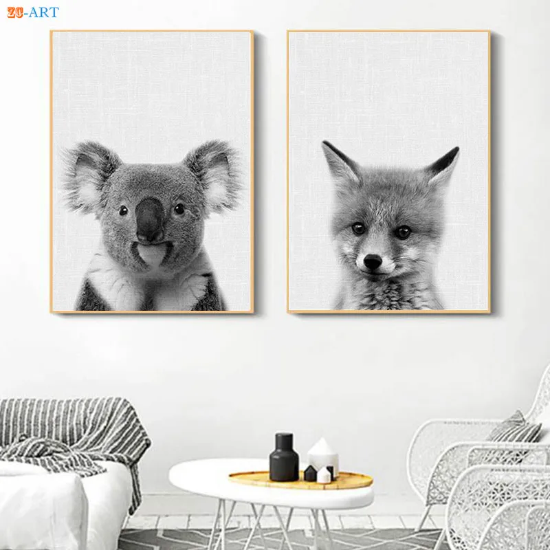 Черно-белые плакаты и принты на стену искусство олень лиса малыш животные холсте
