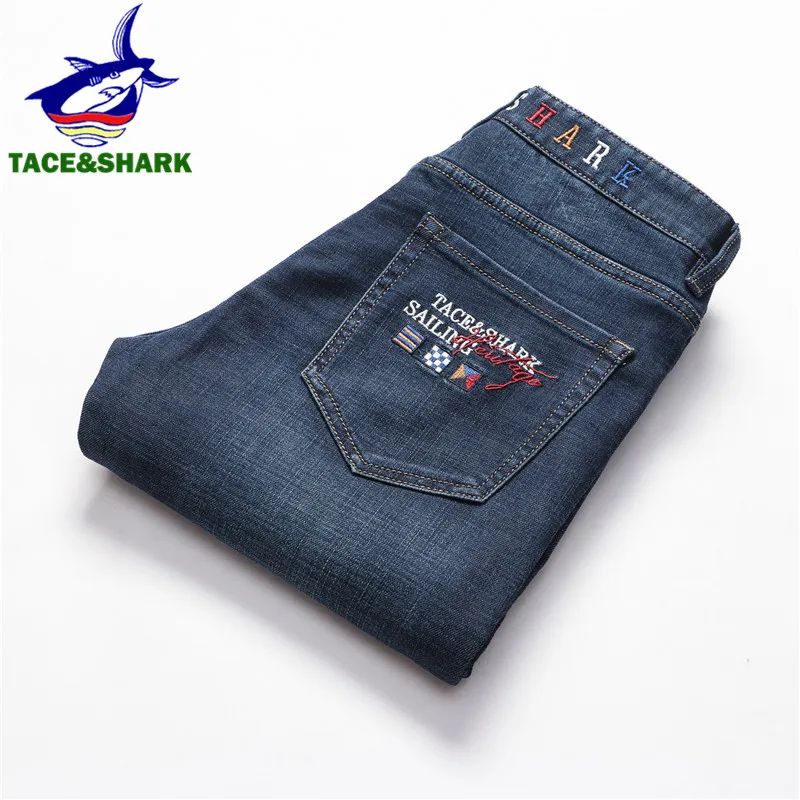 TACE& SHARK, Брендовые прямые узкие джинсы, новая мода, мужские джинсы с вышивкой, мужские деловые повседневные штаны с акулой, джинсовые штаны размера плюс