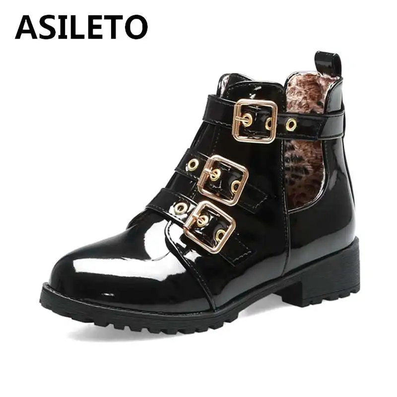 

ASILETO new Spring Autumn boots women buckle round toe patent leather booties hollow ankle boot velvet bottes botas femininas