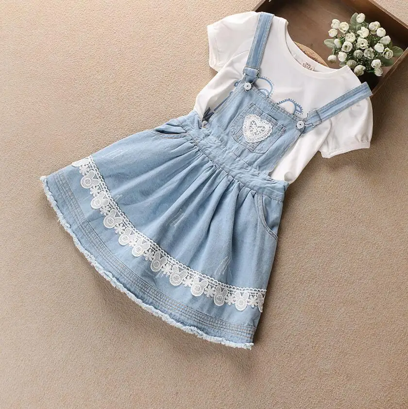 Новые детские летние принцесса девушки dress костюмы белый письмо топ + жан кружева