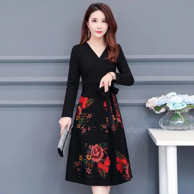 

spring elegant Womenblack printing V Neck Pleated Women Dress Fashion Vintage Bandage Long Sleeve Party Women Dresses Female