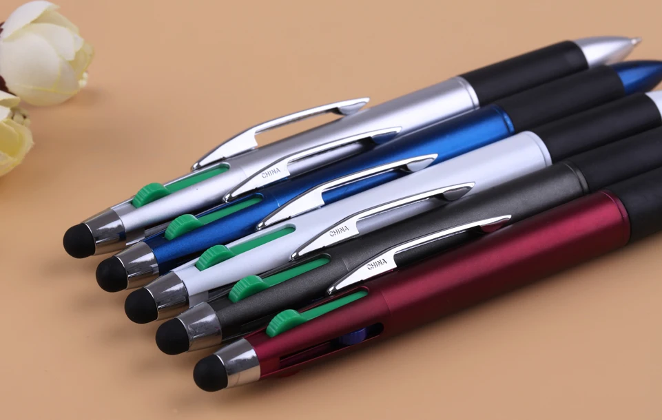 

[Free Logo ] 2020 new 5000pcs/lot 4 in 1 stylus spray metallic body pens with custom company advertising logo ,school/office use