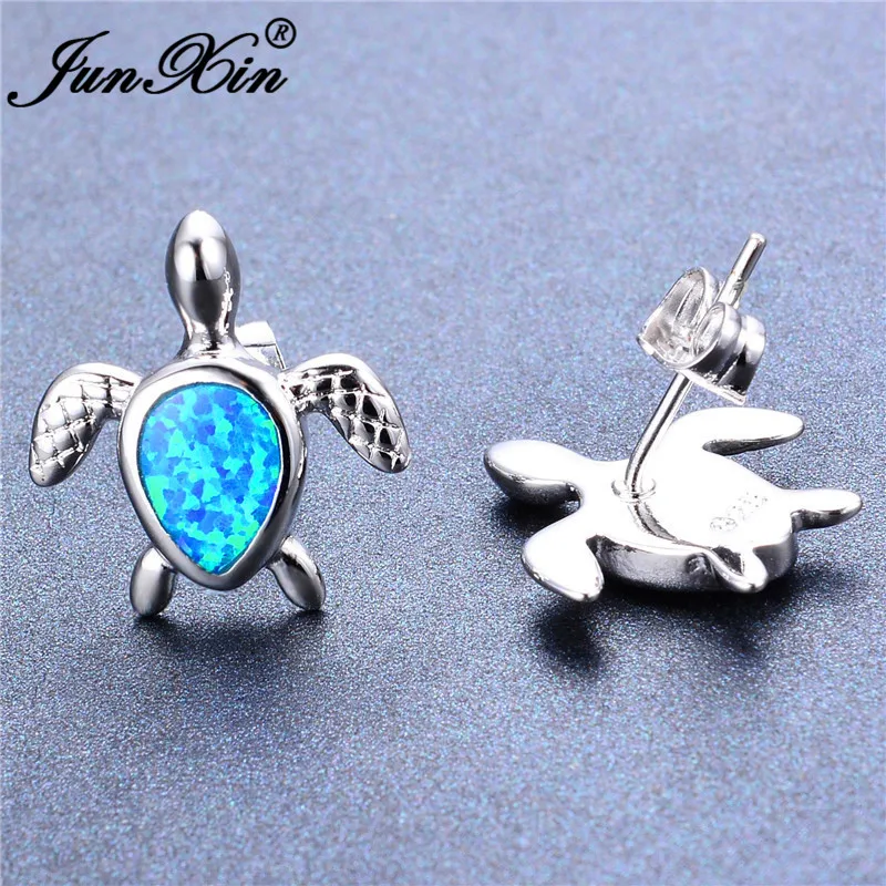 JUNXIN Синий огненный опал Черепаха ожерелье/серьги гвоздики ювелирные наборы животных для женщин Серебряный