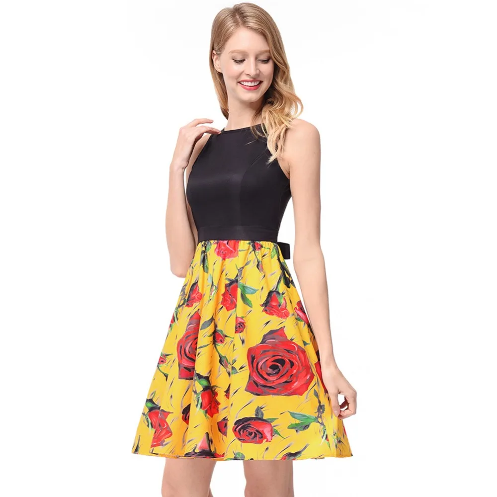 2018 spring and summer new women's color contrast bow tie belt print dress sleeveless big swing sale | Женская одежда