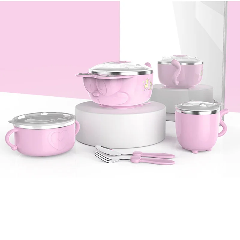Baby Dish children kids Tableware Set Stainless Steel Insulation Strong Suction Bowl Spoon Fork Food Feeding Bowls plate | Мать и ребенок
