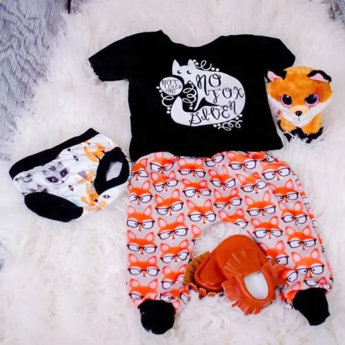 2018 New Newborn Orange Fox 2Pcs Cute Bbay Boys Black Short Sleeve T-shirt Top+Long Pants Toddler Cotton Outfit Clothes Set |