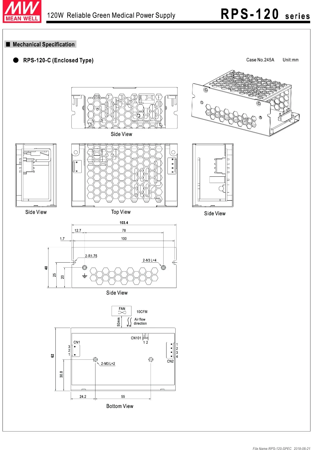 Meanwell RPS-120 AC/DC одиночный выход зеленый PCB тип медицинский источник питания 120W 12 V/10A 15 V/8A 24 V/5A 27 V/4.5A 48 V/2.5A